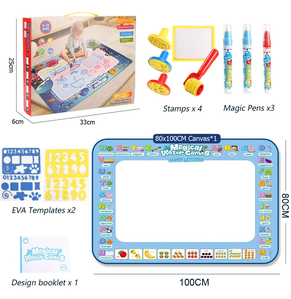 100x80CM Magic Water Drawing Doodle Mat With Reusable Magic Pens Coloring Painting Board Montessori Educational Toys Kids Gifts